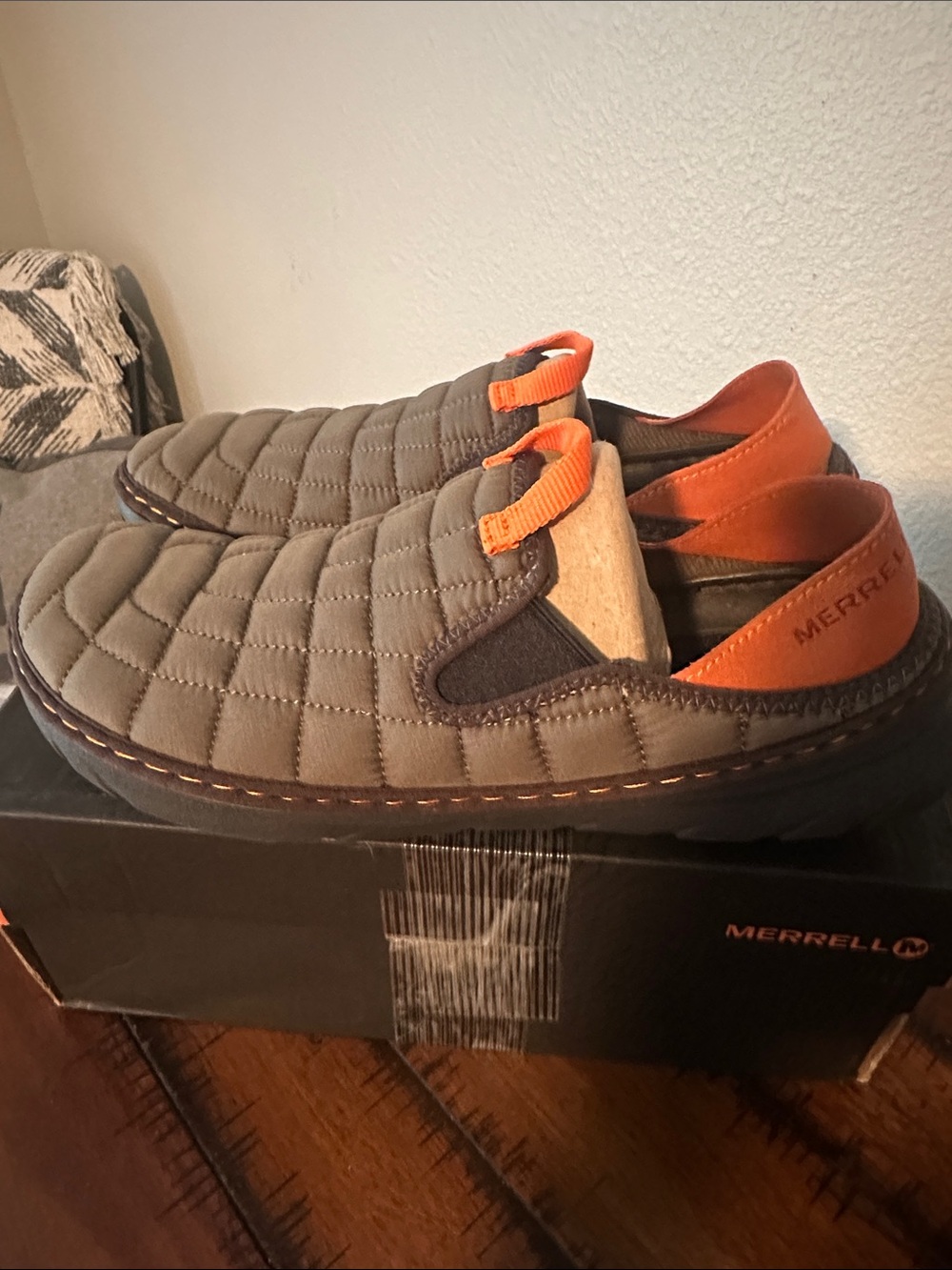Merrell Men's Quilted Olive Slip-On Loafers with Orange Accents- HUT MUC